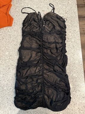 Pitaya Black Ruched Sheer Mini Dress